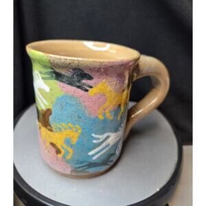 Hand Thrown Pottery Mug Running Horses Signed Koski 2002 Studio Art